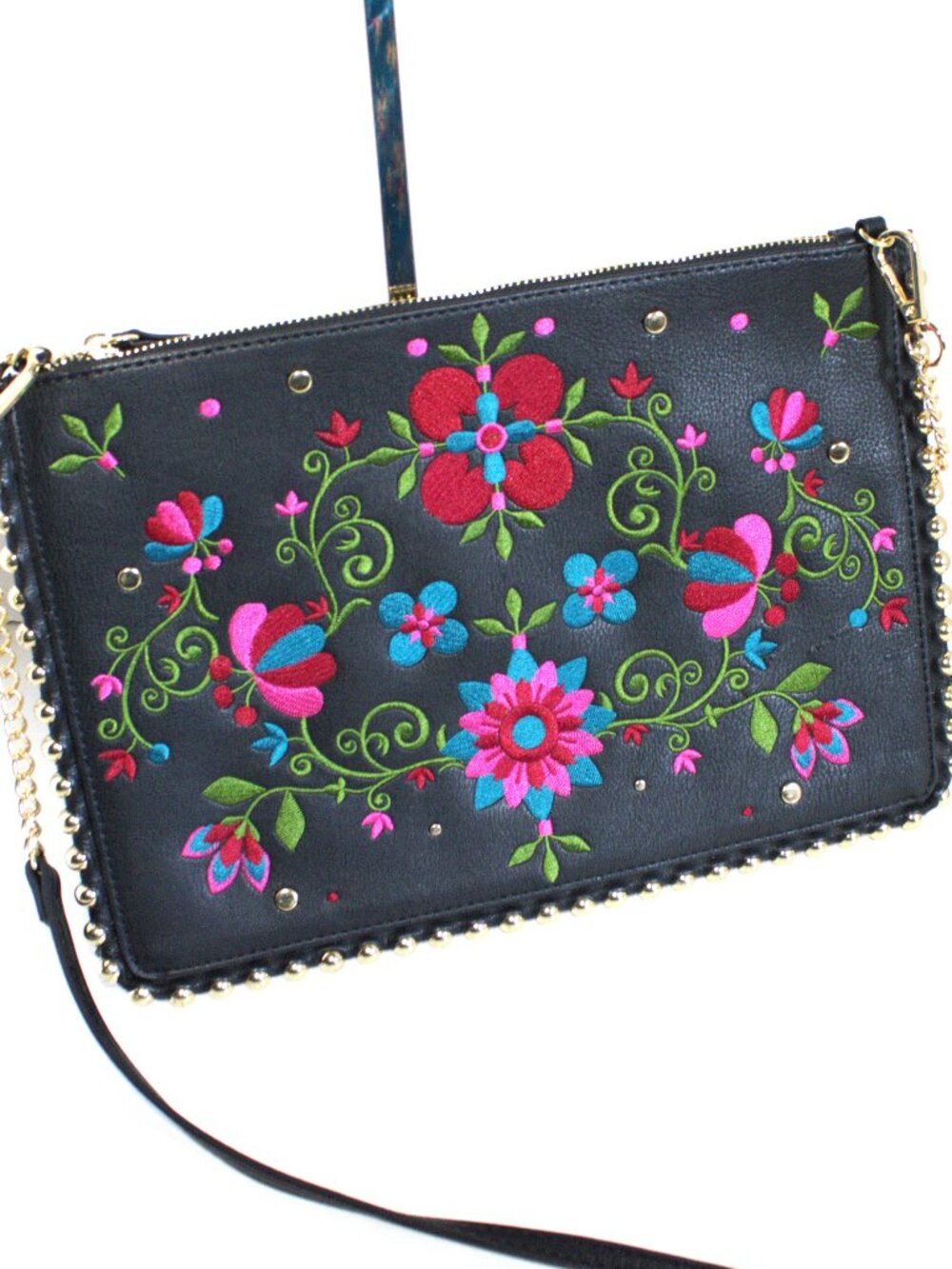 Nieman Marcus Floral Embroidered Faux Leather Crossbody Bag with Gold Accents